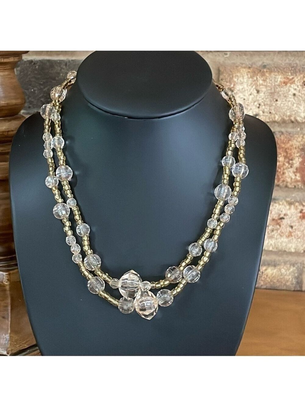 Vintage Gold and Clear Beaded Double strand necklace